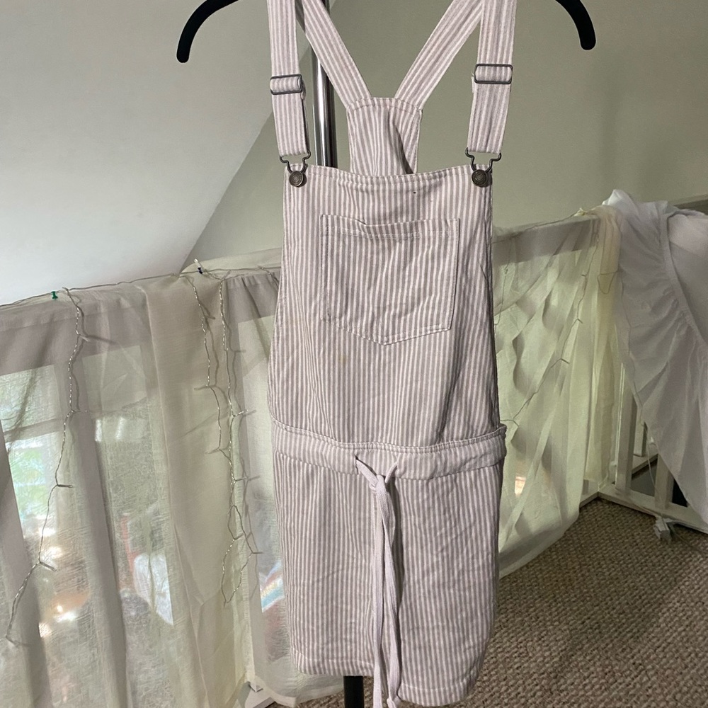 Grey and White Pinstripe Shorts Overall Romper